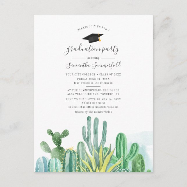 Grad 2022 Cacti Plants Watercolor Graduation Party Invitation Postcard (Front)