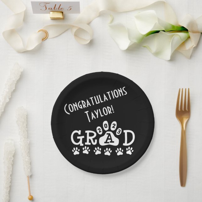 grad 2023 black white | paw prints graduation paper plate (Wedding)
