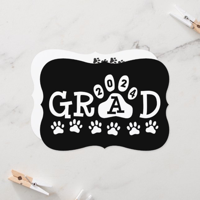 grad 2024 Black White Paw Prints Graduation Invitation (Front/Back In Situ)