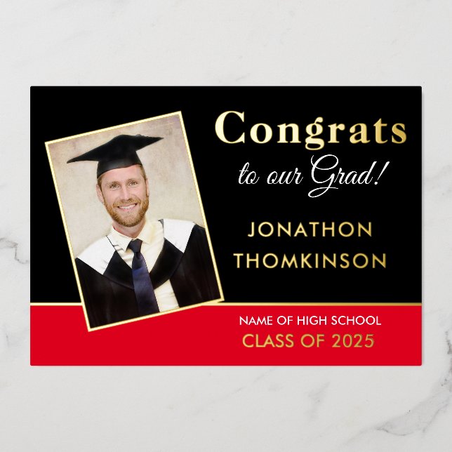 Grad 2025 Announcement Gold Foil Photo Red Black (Front)