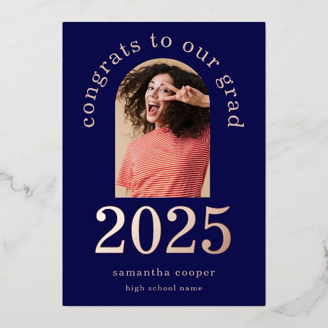 Grad 2025 Arch Photo Navy Rose Gold Foil Announce (Front)
