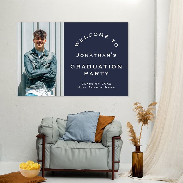 Grad 2025 Male Photo Welcome Graduation Party Navy Poster (Creator Uploaded)