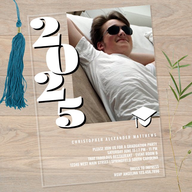 Grad 2025 Modern Photo White And Black Cool Party Acrylic Invitations (Sleek clear acrylic highlights these graduation invitations in black and white)