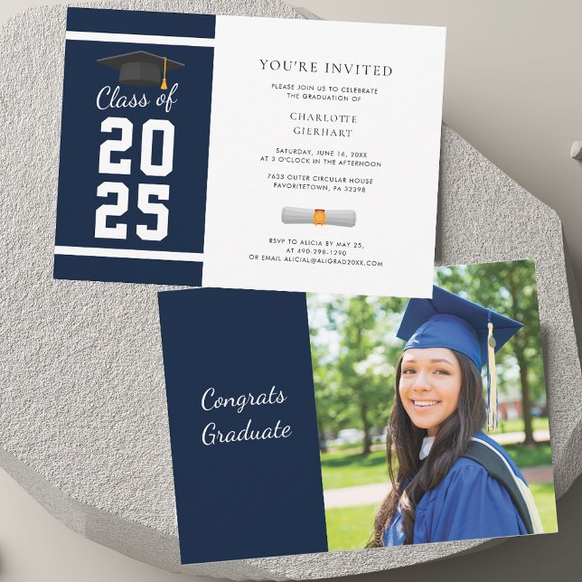 Grad 2025 Navy Blue Photo Graduation Party Invitation (Grad 2025 Navy Blue Photo Graduation Party Invitation)