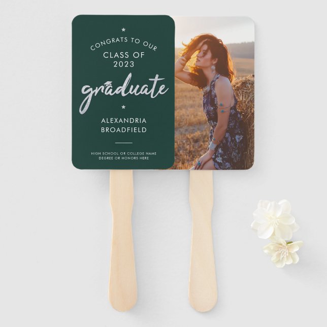 Grad 2025 Photo Green and Silver Script Graduation Hand Fan (Front and Back)