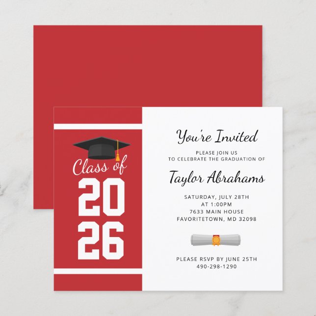 Grad 2025 Red Graduation Party Invitation (Front/Back)