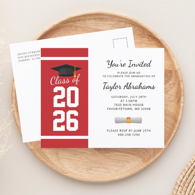 Grad 2025 Red White Graduation Party Invitation (Graduation 2025 Script Red White Typography Party Invitation)