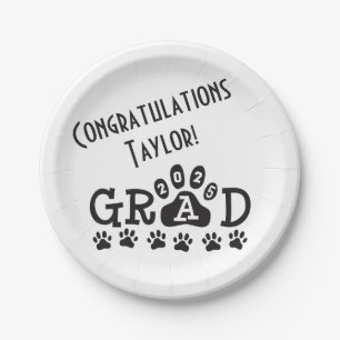 grad 2025 white black   paw prints graduation paper plate