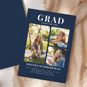 Grad 3 Photo Collage Navy Blue Graduation Party Invitation