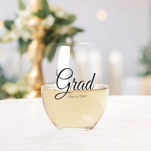 Grad black custom script class year elegant stemless wine glass