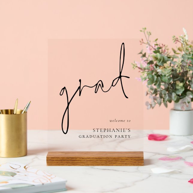 Grad Black Script Welcome To Graduation Party Acrylic Sign (Wedding)