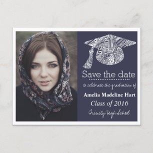 Grad Bohemian Hat Navy Blue Save The Date Photo Announcement Postcard