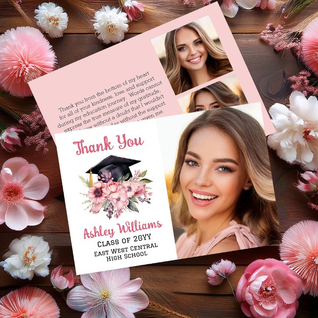 Grad Cap and Pink Florals 3 Photo Graduation  Thank You Card (Grad Cap and Pink Floral Swag Bouquet "Thank You" Flat Card -- "SHE Did It!" Graduation Collection)