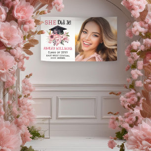 Grad Cap and Pink Florals Photo She Did It Banner