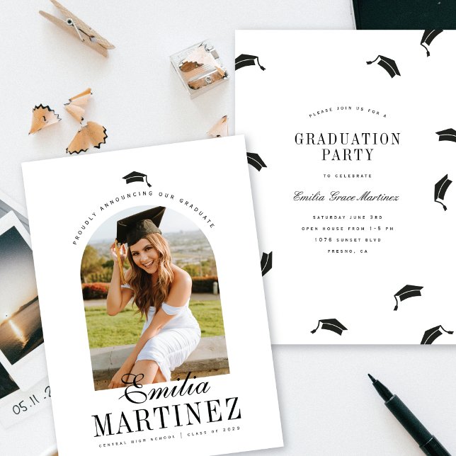 Grad Cap Arch Photo Elegant Script Graduation Announcement (Creator Uploaded)