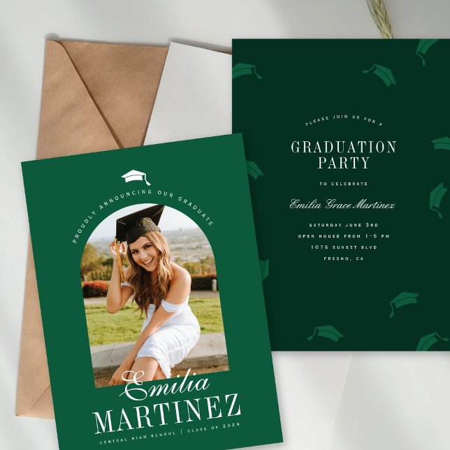Grad Cap Arch Photo Elegant Script Green Graduate Announcement (Creator Uploaded)