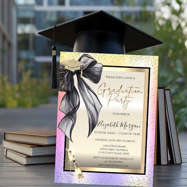 Grad Cap,Black Bow Wine Glass,Confetti Ombre  Invitation (Creator Uploaded)