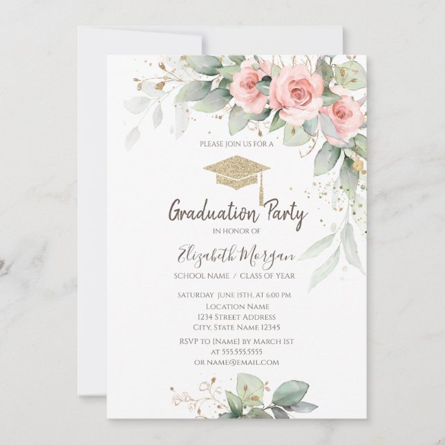 Grad Cap,Blush Flowers Graduation  Invitation (Front)