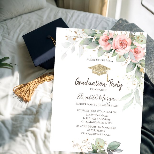 Grad Cap,Blush Flowers Graduation  Invitation (Creator Uploaded)
