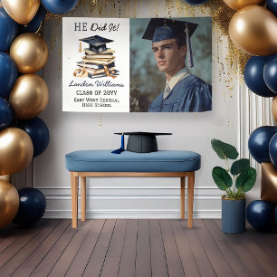 Grad Cap Books Graduation Photo He Did It Banner