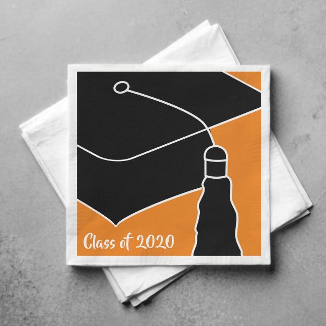 Grad Cap Class Year Orange and Black Napkin (Creator Uploaded)