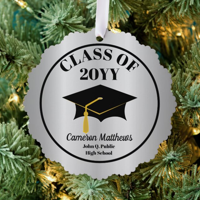 Grad Cap Class Year Silver Name Graduation Tree Decoration Card (Insitu (Tree))