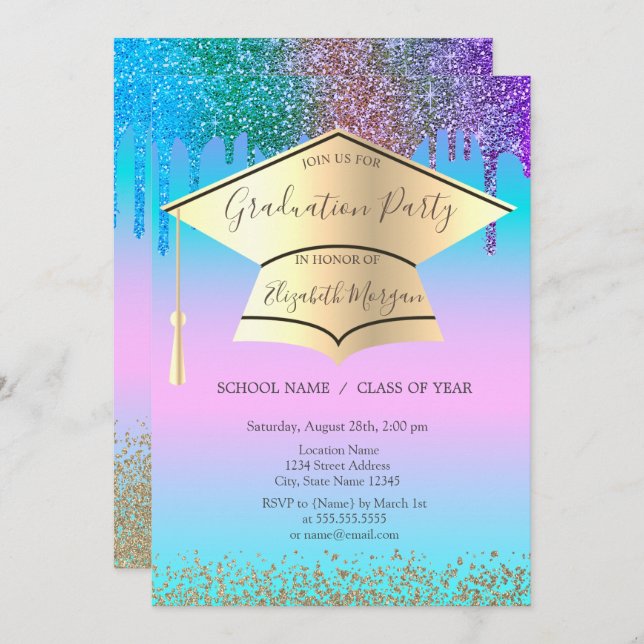 Grad Cap,Diamonds,Drips Holographic Graduation Invitation (Front/Back)