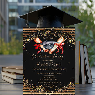  Grad Cap Diploma,Cooper Stripes Graduation Invitation