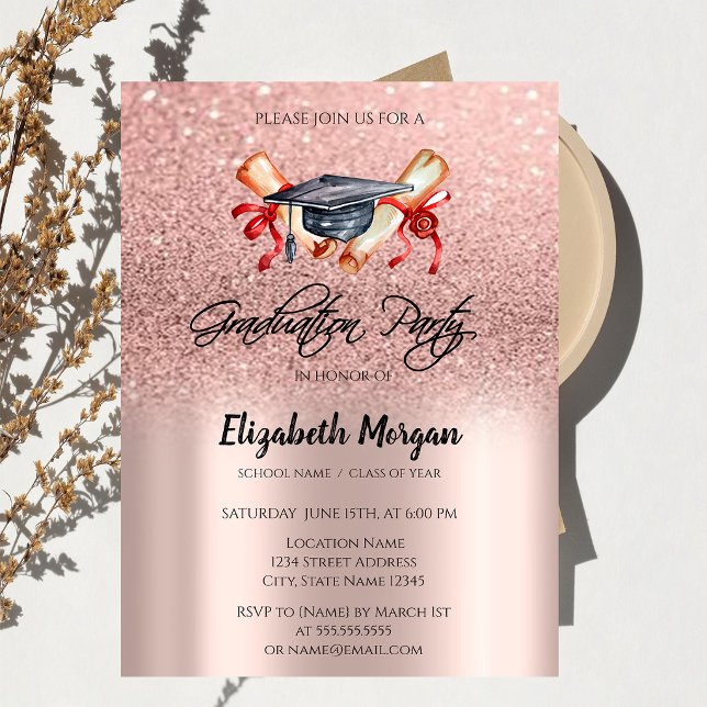 Grad Cap Diploma Rose Gold Glitter Graduation  Invitation (Creator Uploaded)