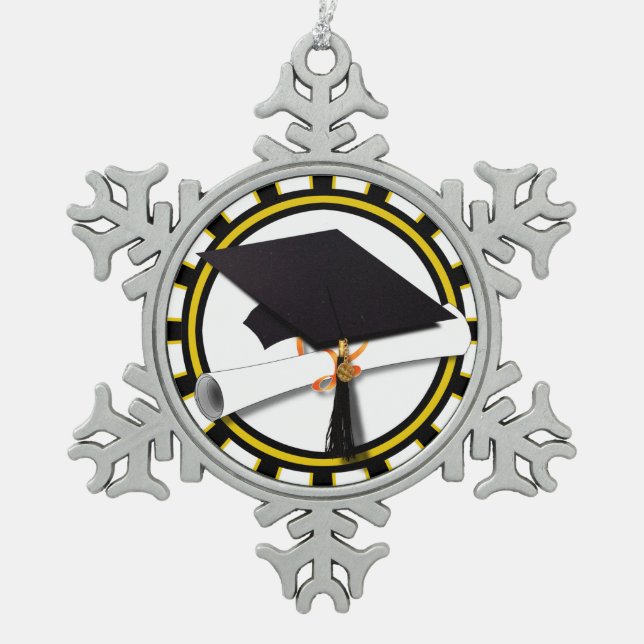 Grad Cap & Diploma w/School Colours Black and Gold Snowflake Pewter Christmas Ornament (Front)