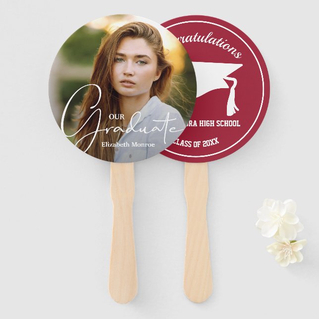 Grad Cap Graduate Photo Crimson Hand Fan (Front and Back)