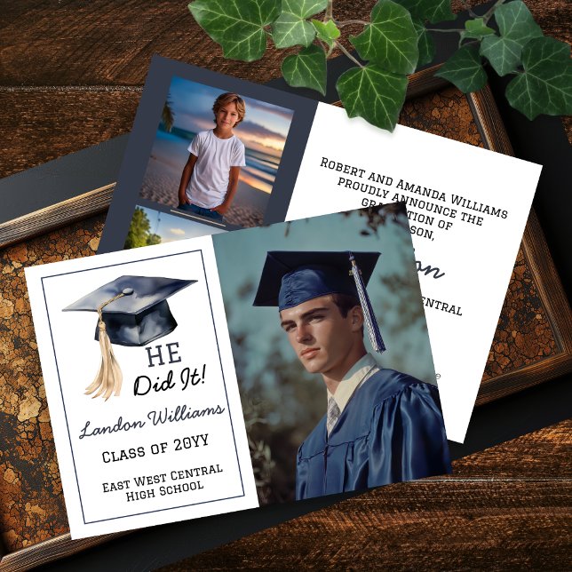 Grad Cap He Did It 3 Photo Graduation  Announcement (Grad Cap "HE Did It!" Graduate 3 Photo Collage High School or College Graduation Announcement)