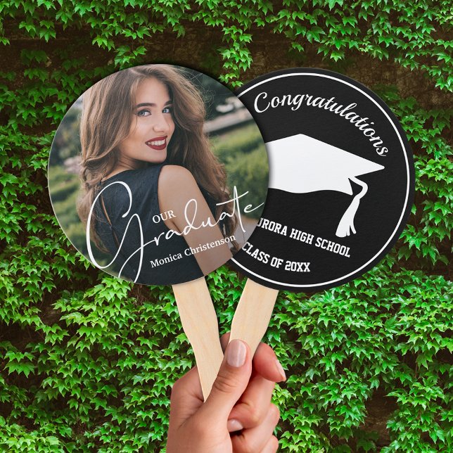 Grad Cap Modern Graduate Photo Black Hand Fan (Keep cool on graduation day or at your party with these photo double-sided hand fans.)
