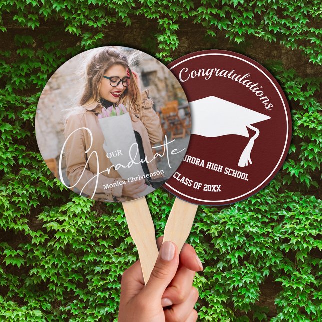 Grad Cap Modern Graduate Photo Dark Maroon Hand Fan (Keep cool on graduation day or at your party with these photo double-sided hand fans.)