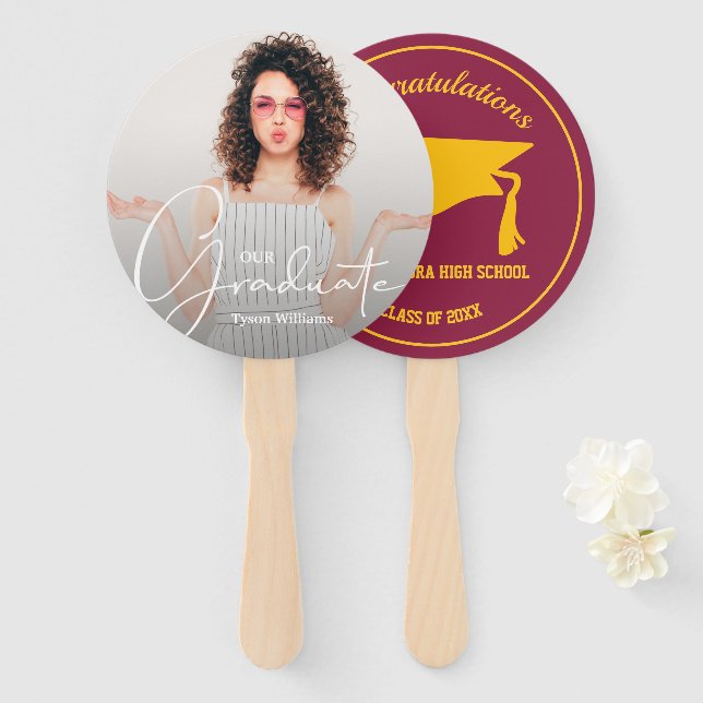 Grad Cap Modern Graduate Photo Maroon Gold Hand Fan (Front and Back)