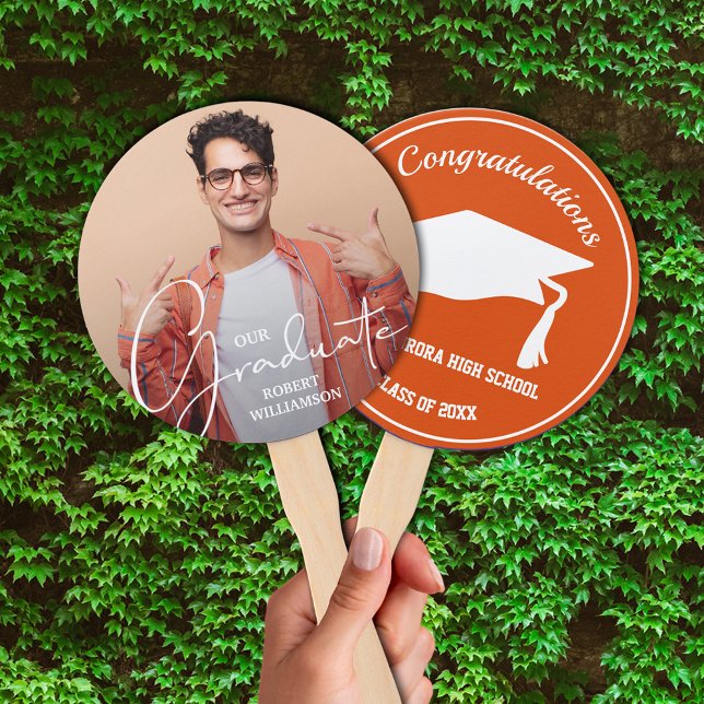 Grad Cap Modern Graduate Photo Orange Hand Fan (Keep cool on graduation day or at your party with these photo double-sided hand fans.)