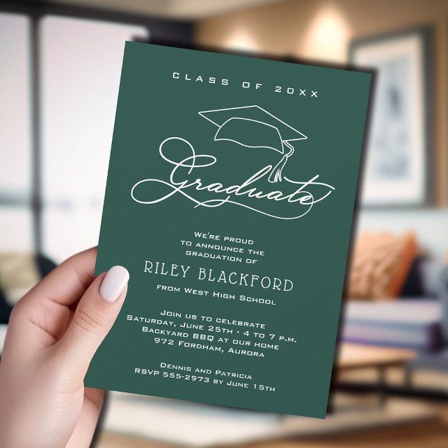 Grad Cap on Dark Green Graduation Announcement (Dark green graduation announcement cards feature your details in chic white lettering.)