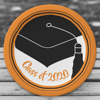 Grad Cap Orange and Black Class Year Paper Plate