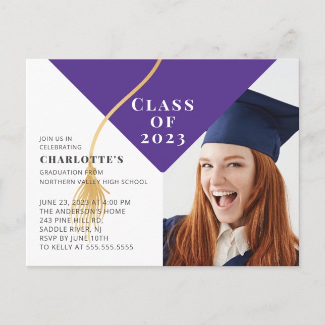 Grad Cap Photo Graduation Invitation Postcard (Front)