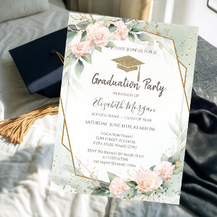 Grad Cap Pink Roses Frame Graduation  Invitation