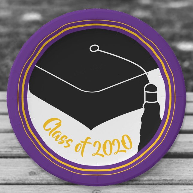 Grad Cap Purple and Gold Class Year Paper Plate (Creator Uploaded)