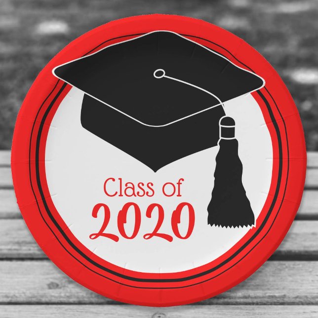 Grad Cap Red and Black Class Year Paper Plate (Creator Uploaded)