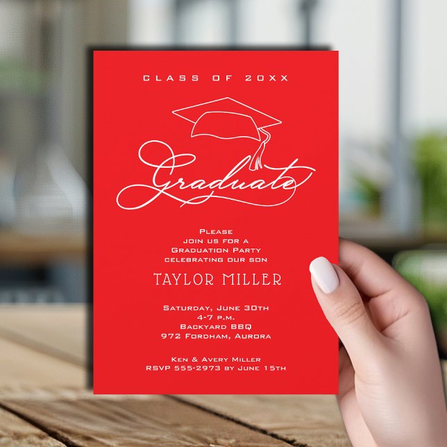 Grad Cap Red Graduation Party Invitation (Elegant white script and grad hat red graduation party invitations)