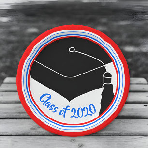 Grad Cap Red White and Blue Class Year Paper Plate