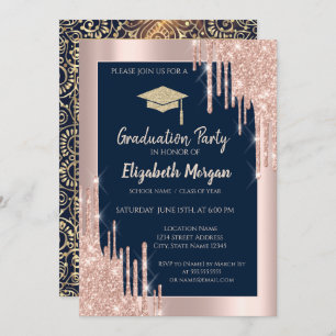  Grad Cap,Rose Gold Drips,Navy Blue Gold Mandala Invitation