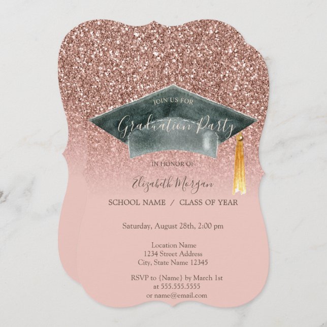 Grad Cap Rose Gold Glitter Ombre Graduation  Invitation (Front/Back)