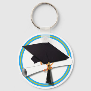 Grad Cap School Colors Blue Key Ring