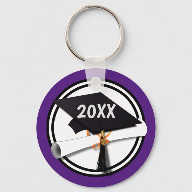 Grad Cap School Colours Black Purple Key Ring (Front)