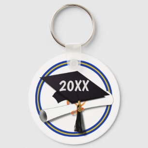 Grad Cap School Colours Gold and Blue Key Ring