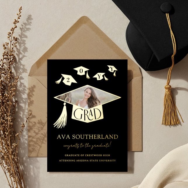 Grad Cap Tassel Photo Graduation Foil Announcement (Grad Cap Tassel Photo Graduation Foil Announcement)